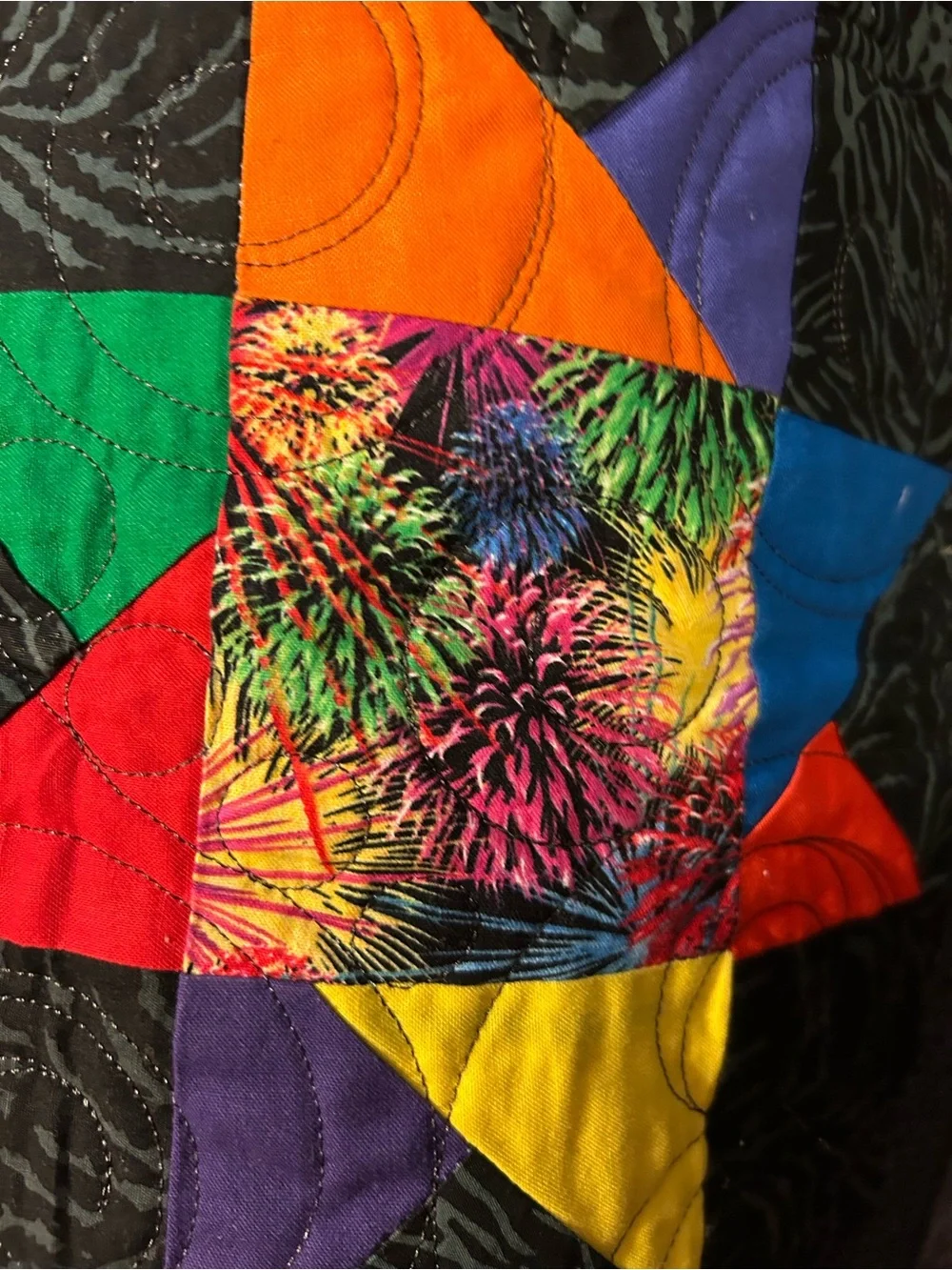 ONE OF A KIND - HANDCRAFTED Black Patchwork Star Quilt with Multicolor Accents